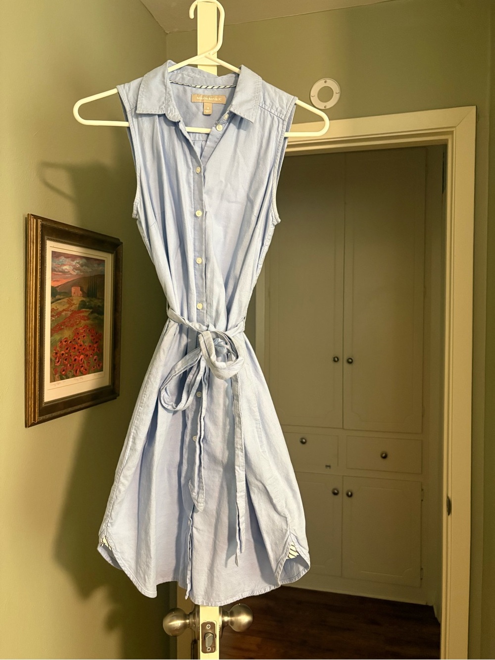 Banana Republic Sleeveless Light Blue Shirt Dress with Tie Waist